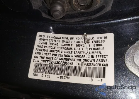 2016 Honda Civic Lx z USA, uszkodzony, nr VIN 19XFC2F53GE206575